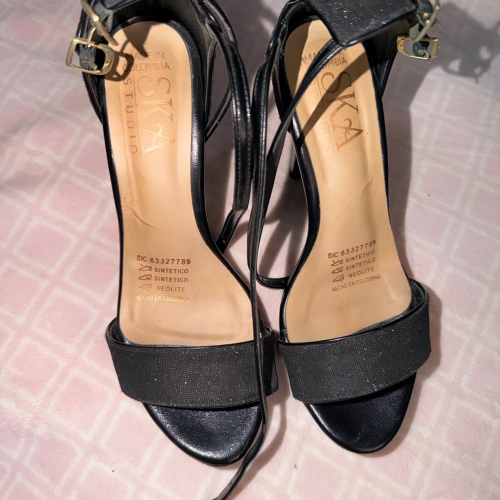 Studio Black Strappy Heels with Gold Buckle